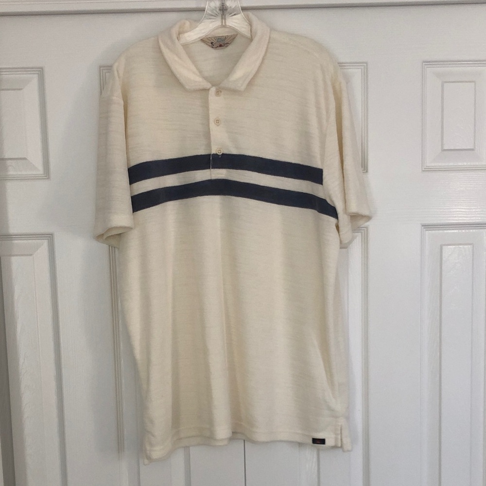 Faherty Cream Terry Polo with Navy Double Chest Stripes
